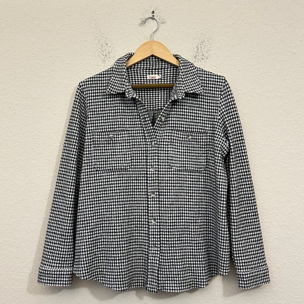 FAHERTY Legend Sweater Shirt Black White Gingham Knit Long Sleeve